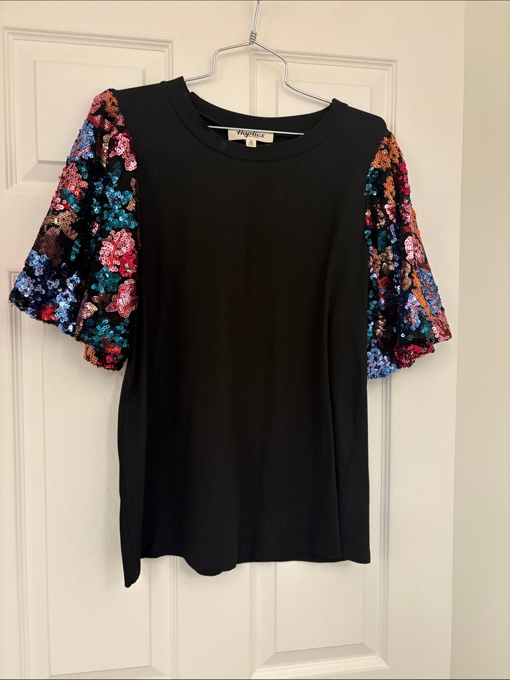 Haptics Black Tee with Multicolor Sequin Puff Sleeves